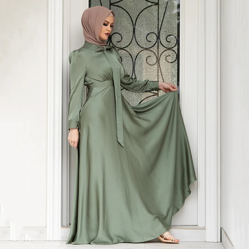 Ramadan Muslim Satin Maxi Dress Long Sleeve Hijab Women 2022 Solid Color Abaya Dubai Islam With Belt Traditional Arabic Dress