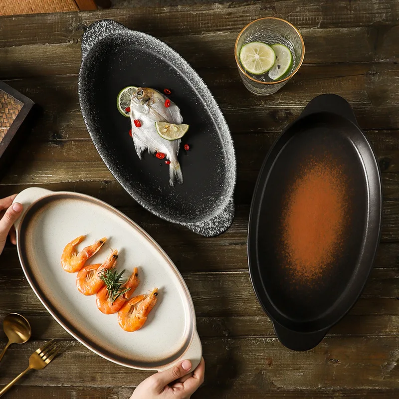 

Large binaural fish plate commercial ceramic baked rice plate high temperature resistant Japanese new dish plate