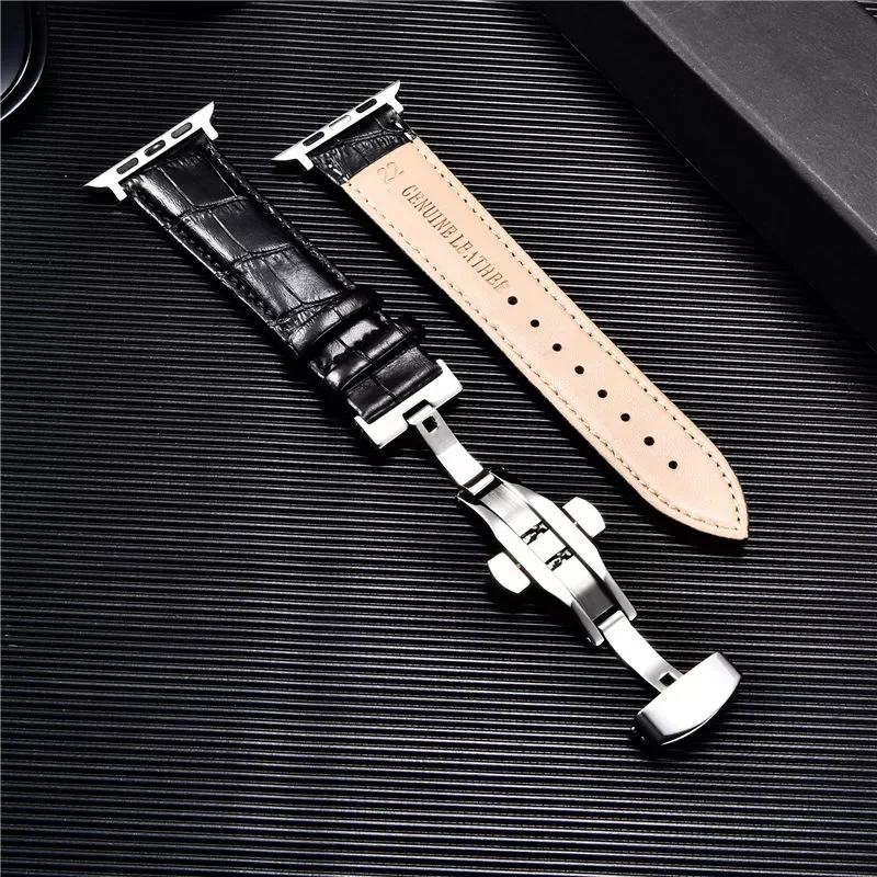 Embossed Leather Men Watch Straps for Apple Watch 7 6 SE 5 4 3 Butterfly Buckle 45mm 44mm 42mm 41mm 40mm 38mm Business Watchband