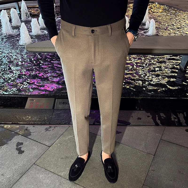 

Корейские прямые плотные мужские серые брюки с эластичным поясом на зиму коричневые мужские деловые брюки 29-35 осенние шерстяные классическ...