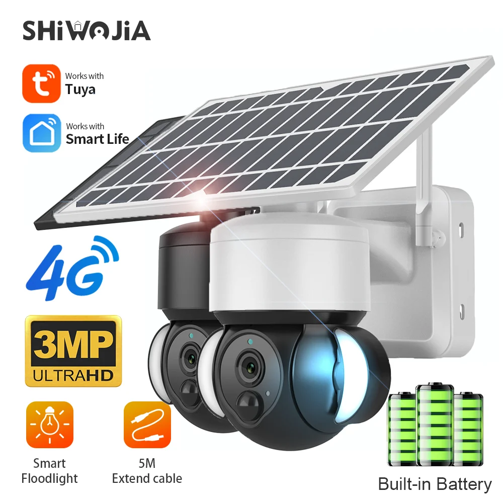

SHIWOJIA Tuya with 4G SIM Solar Home Outdoor Wireless Security Camera 3MP Smart Floodlight Video Surveillance Built-in Battery