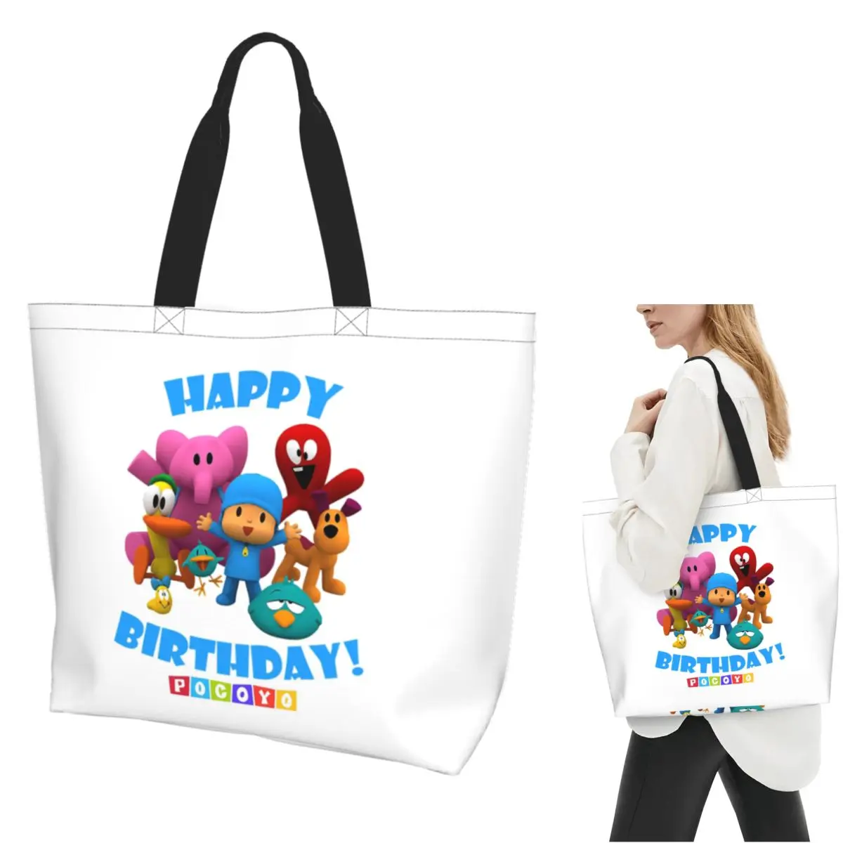 Фото Сумка-шоппер Happy Birthday Boy Girl Pocoyo, холщовая сумка через плечо большой вместимости, сумка-шоппер для покупок, женская сумка для продуктов №1