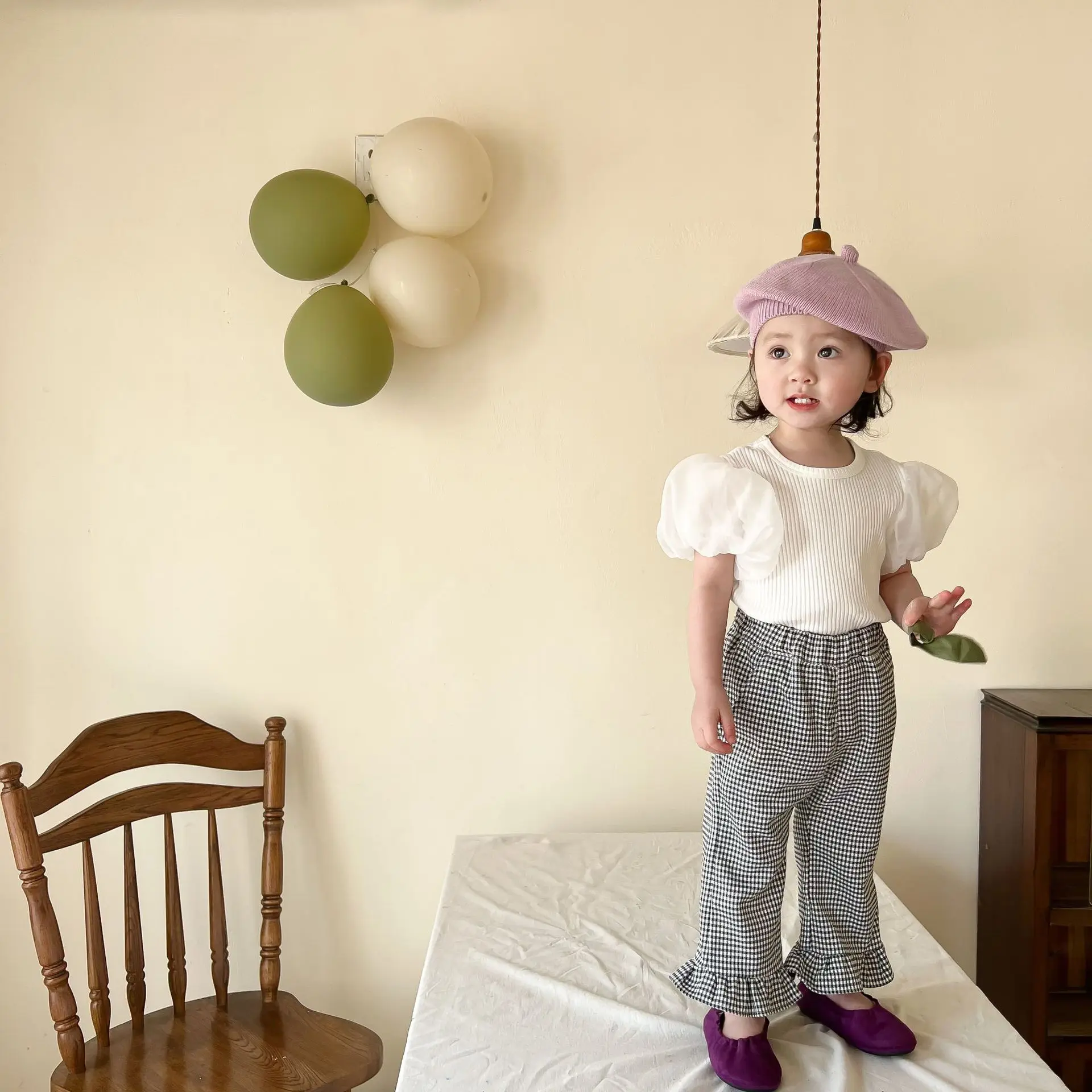 

Новинка лета 2022, футболка с пышными рукавами для маленьких девочек, однотонная хлопковая Футболка для девочек, повседневные топы для принце...