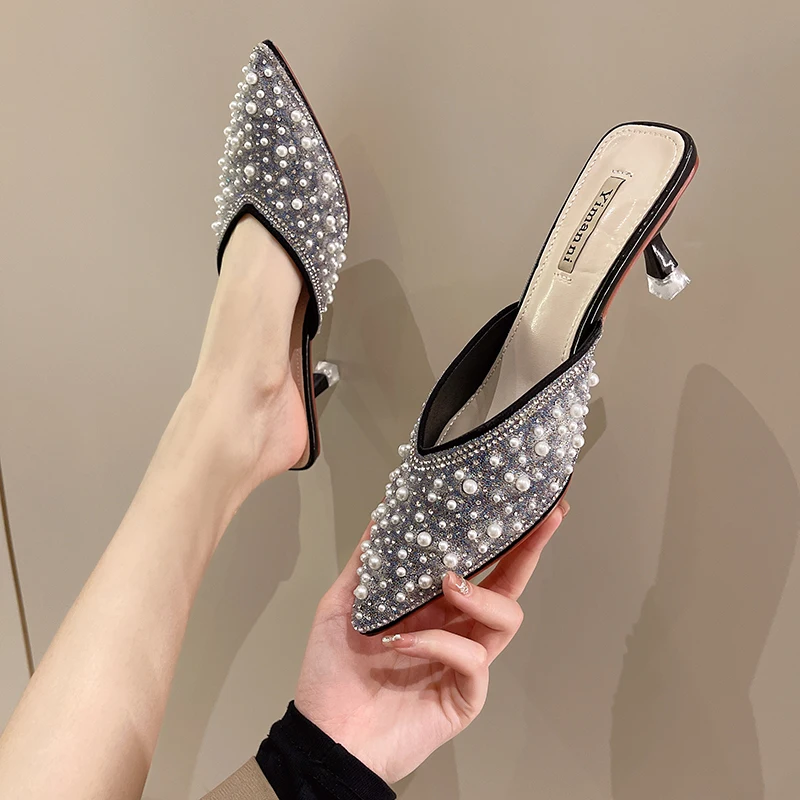 

2023 High Heels Shoes for Women High Quality Comfortable Pearl Decorative Heels Women Shoes Elegant Ladies Slipper for Summer