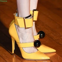 womens yellow beaded pumps 2022 new arrival summer thin high heel pointed toe ankle buckle fashion sexy party catwalk shoes