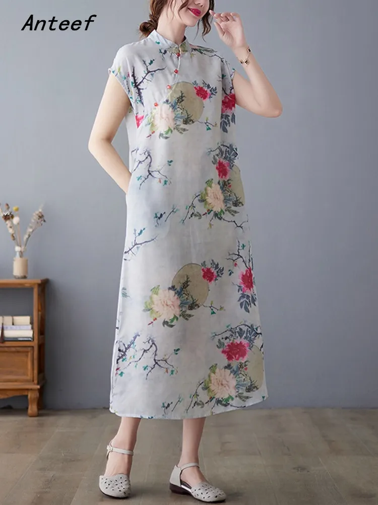

short sleeve cotton linen vintage floral dresses for women casual loose long summer dress elegant clothing 2022