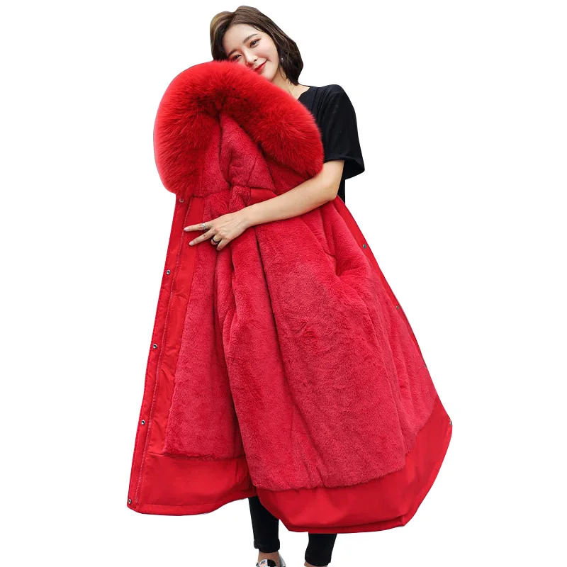 Winter Hooded Cotton Coat Women Belt Coat Simier Jacket Female Long Parka Fake Fur Big Size 6XL Women Thickened Coat Wool Hat