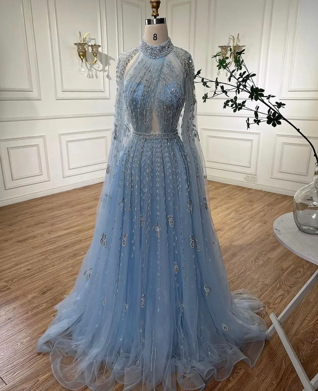 

Saudi Arabia Women's Elegant Prom Dresses Halter Long Sleeves Beadings Sequin Formal Dress Evening Dresses Party Wedding