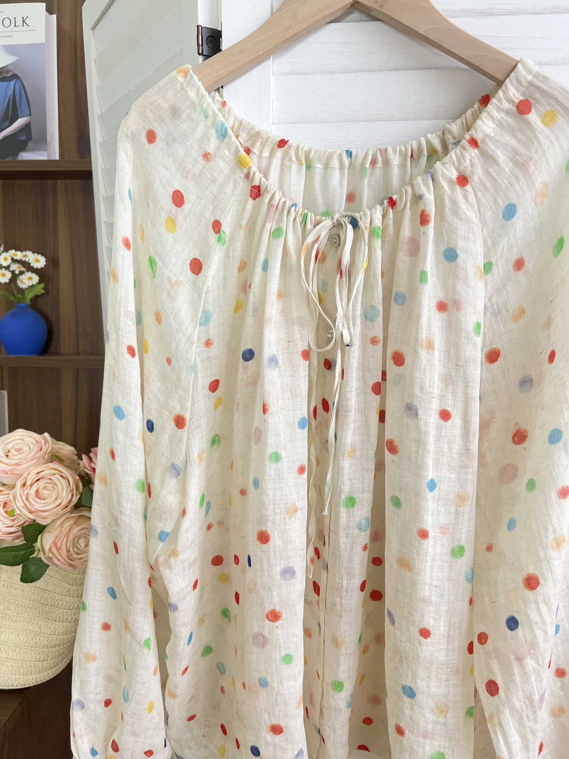 Japan fashion Artistic Color Polka Dot Pure Ramie Drawstring Neckline Long sleeve Small Shirt Loose All-Matching Top