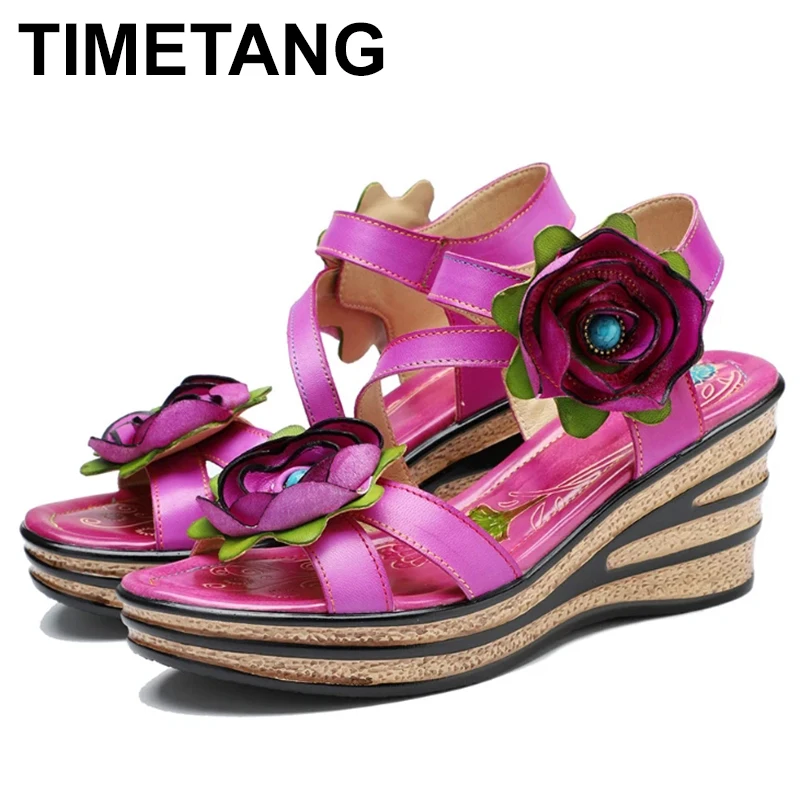 Ethnic Leather Sandal 7.5cm New Sheepskin Buckle Elegant Women Appliques Flower Shoes Artistic Multicolor Summer Big Size