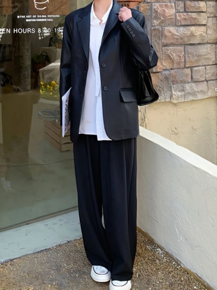Black Leather Suit Jacket Womens 2023 Spring and Autumn New PU Leather High-end Sense Fried Street Loose Temperament Casual Suit