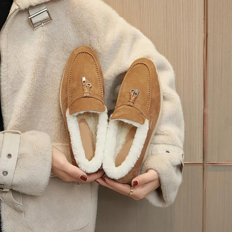 Luxury Wool Warm and Plush Snow Leather Loafers Shoes for Women  Spring and Autumn Casual Shoes Comfortable Walking Shoes