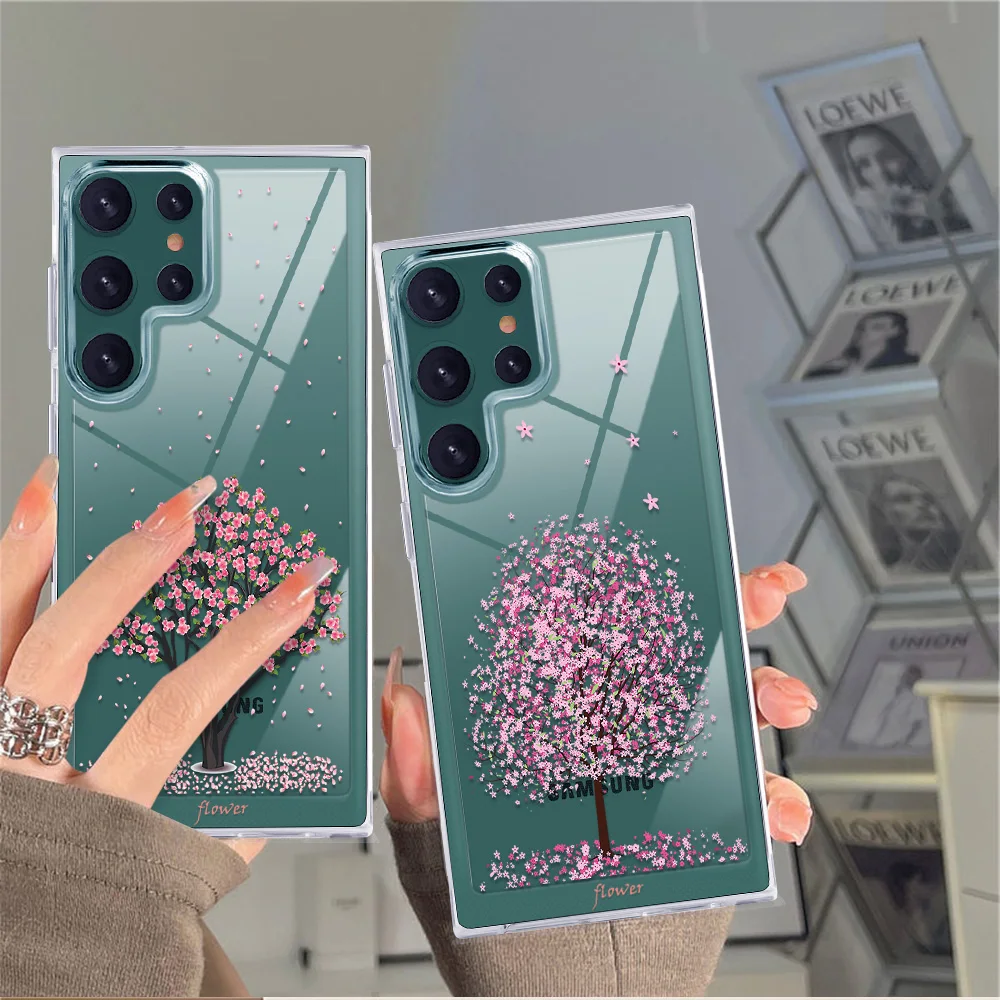 

For SAMSUNG Galaxy S22 S22Ultra Cherry Blossoms Flower Case for Samsung S22+ Luxury Transparent PC+TPU Back Shell Covers Fundas