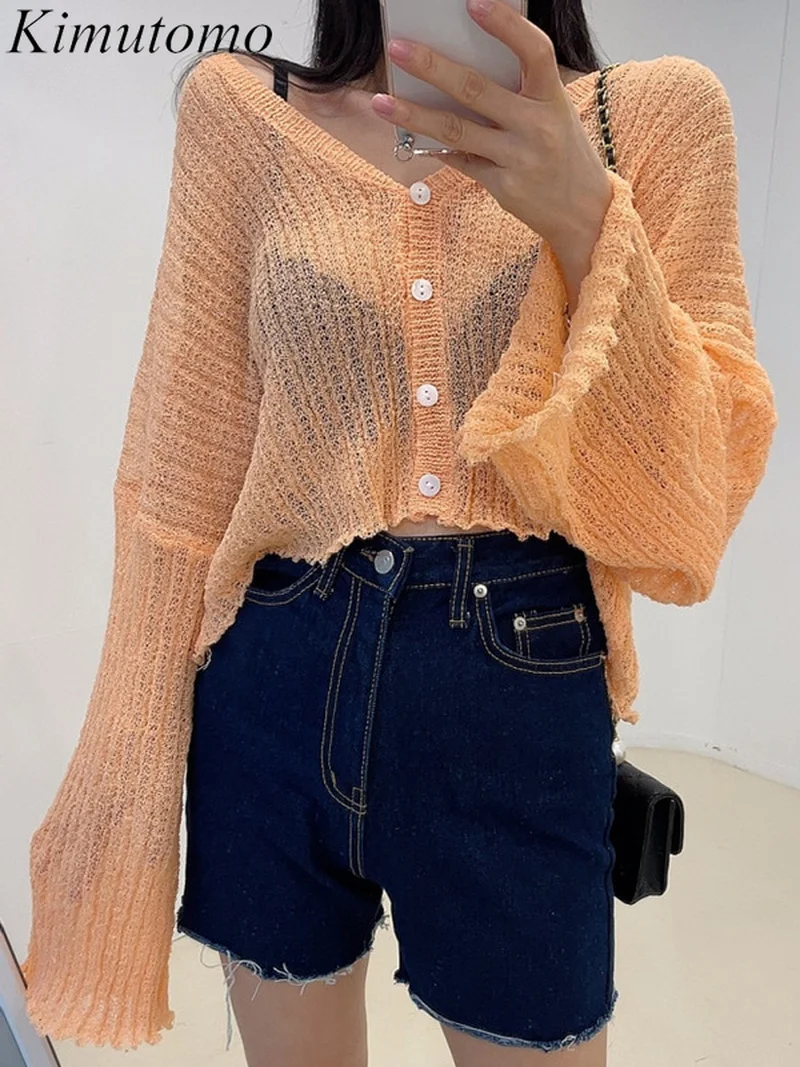 

Kimutomo элегантный Свободный вязаный кардиган с вырезами, повседневный однотонный Простой V-образный вырез, с одной грудью, расклешенными рука...