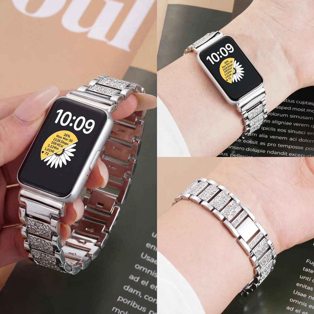 Ремешок для Samsung Galaxy Fit3 SM-R390, женский блестящий металлический браслет с бриллиантами, защитный, сменный, для часов (art.: 3920d9770fbbd) - 3920d9770fbbd