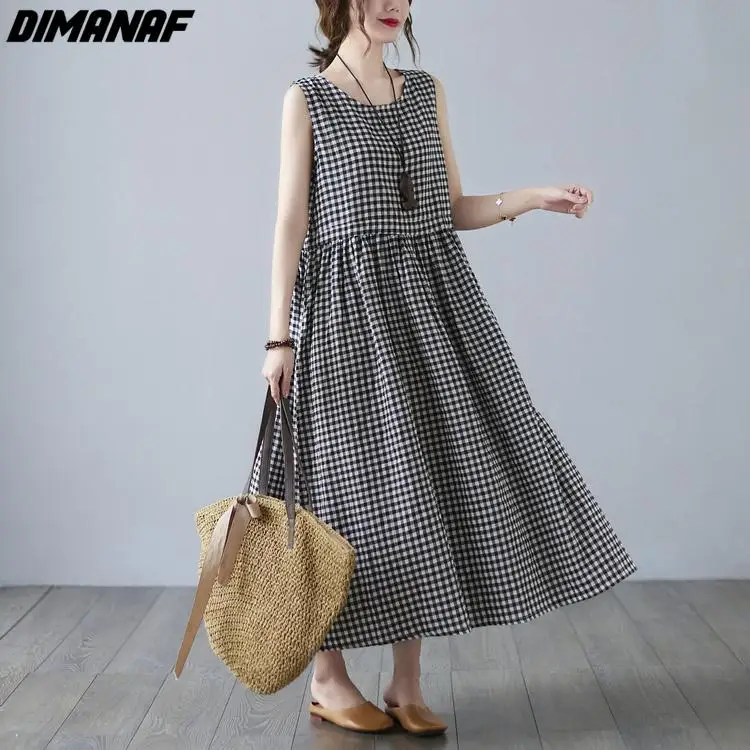 Женское длинное платье без рукавов Dimanaf свободное винтажное в клетку Пляжное