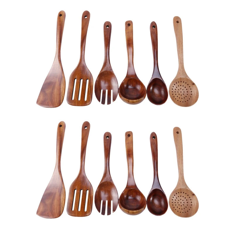 

Wooden Utensils Set of 12, Large Kitchen Cooking Utensil for Non Stick Cookware, Natural Teak Wood Spoons Spatula Ladle