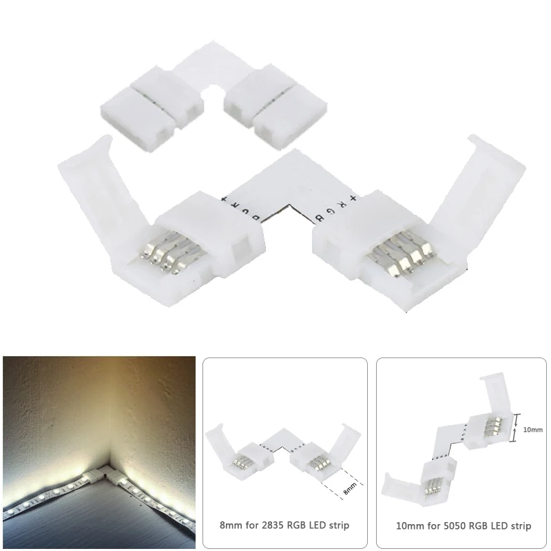 

L Shape LED Light Strip Connectors 90 Degree Corner Connector Unwired Solderless Snap Down for 5050 RGB LED Strip 5pcs/Lots