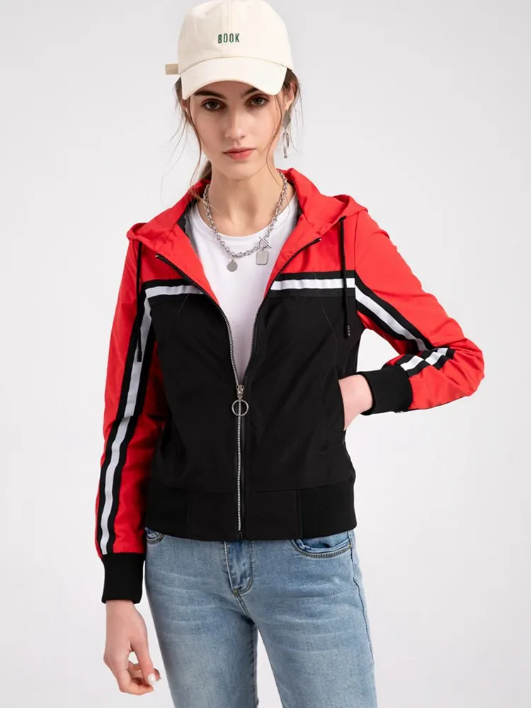 

Women Spring Autumn Jacket Long Sleeve Hooded Collar Color-block Drawstring Thin Fashion Coat