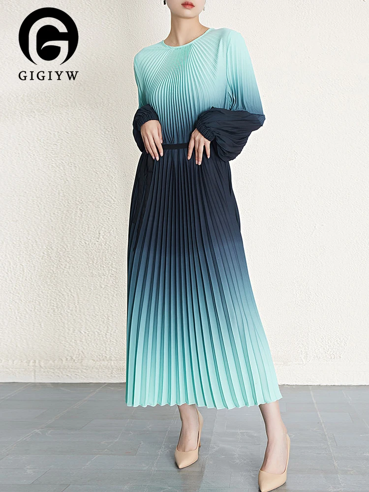 

Женское плиссированное платье GIGIYW, свободное Макси-платье контрастных цветов с длинными рукавами, женская вечерняя одежда