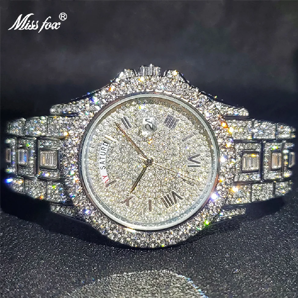 

Relogio Masculino Luxury New Ice Out Moissanite Watch Multifunction Day Date Adjust Calendar Quartz Watches For Men Droshipping