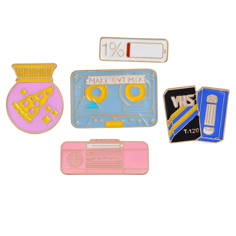 

Personality Tape Recorder Power Bar Pizza VHS Video Tape Cartoon Brooch Lapel Pin
