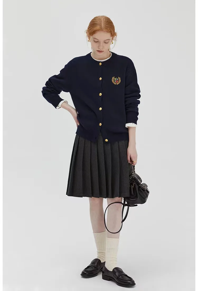 Женский кашемировый кардиган с круглым вырезом и длинными рукавами