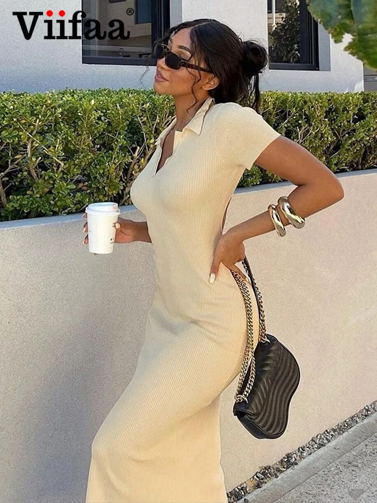 

Viifaa Turn Down Collar Elegant Backless Summer Knitted Slim Midi Dress Women Short Sleeve Split Side Sexy Dresses Streetwear