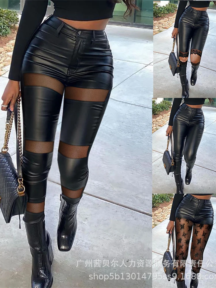 

Mandylandy Women Sexy High Waist PU Leather Single Button Stretch Pants Female Fashion Y2K Hollow Out Lace Patchwork Pencil Pant