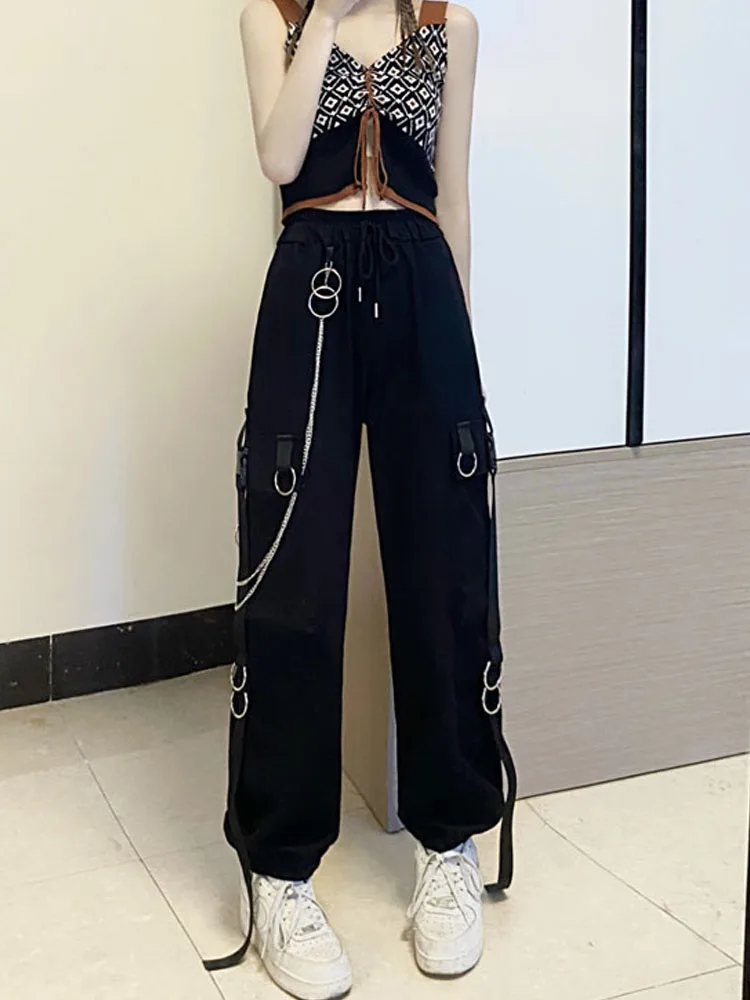 

SONNEESD Harajuku Safari Style Casual Straight Tooling Pants High Waist Chain Big Pocket Design Trouser Loose Wide Leg Pants