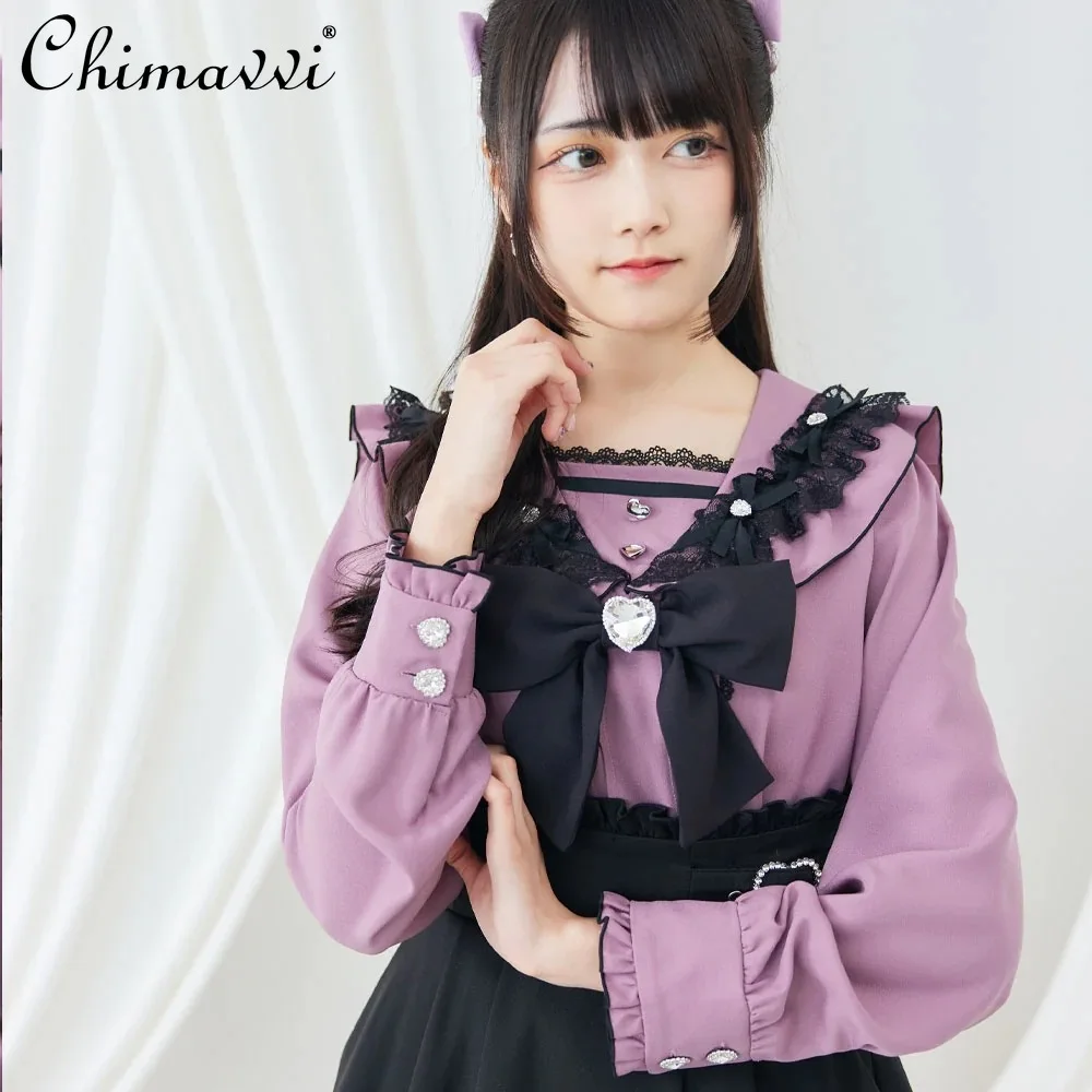 Новинка рубашка в японском стиле для милой девушки морском с большим бантом