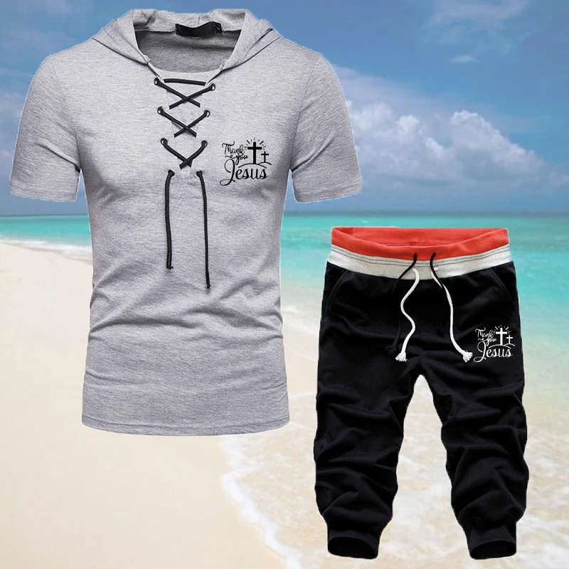 

Summer Men's Jesus Christ Print Design Hooded Drawstring Short Sleeve Suit Solid Color Sports Slim Versatile Casual 2 Piece Set