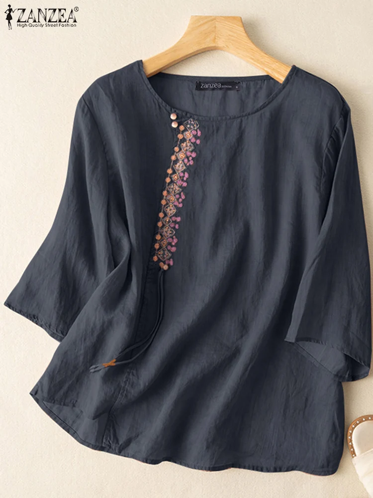 

ZANZEA Summer Vintage Blouse Women Embroidery Floral Tops 2023 Loose Casual O Neck 3/4 Sleeve Shirt Female Work Blusas Chemise