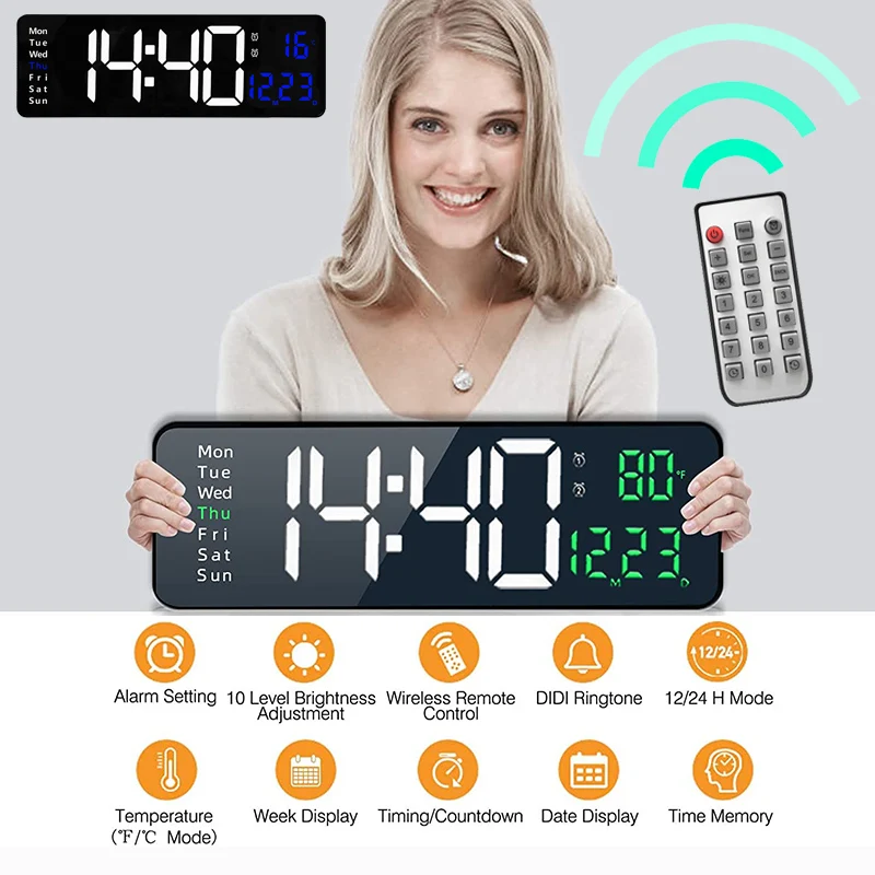 Electronic Digital Wall Clock Large LED Screen Remote Control Number Clock Power Off Memory Table Alarm Clocks 16/13/6.7 Inches