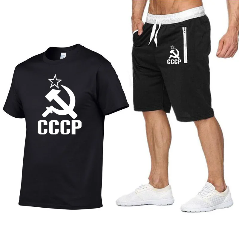 

Брендовая мужская футболка с надписью + пляжные шорты, комплекты CCCP, Россия, летняя спортивная одежда, штаны для бега, футболка, уличная одеж...