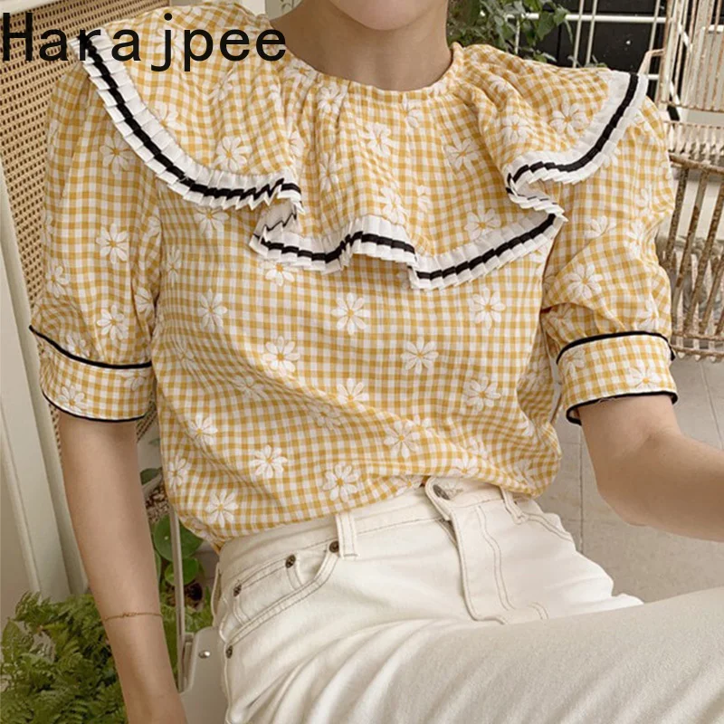 

Harajpee Korean Chic Plaid Shirts Small Daisy Embroidery Pullover Pleated Short Puff Sleeve Loose Sweet Style Spring New Tops