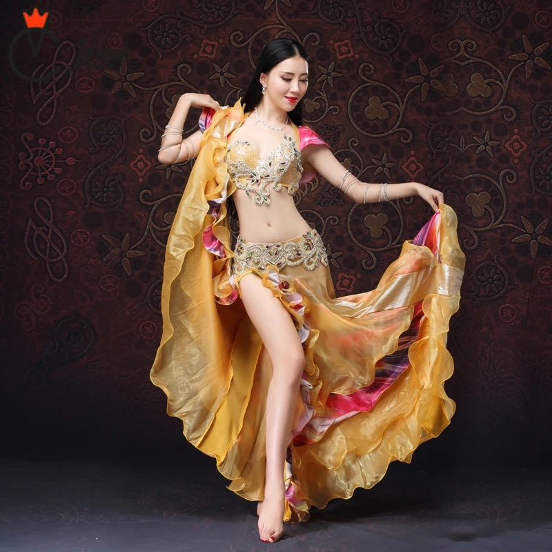 

for oriental dance Women Dancewear Belly Dancing Clothes Oriental Dance Outfits Bra Belt Skirt Belly Dance Beaded Costume Golden