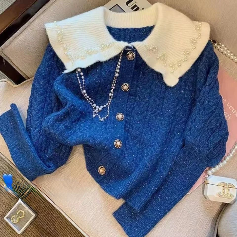 

Korean Sweet Peter Pan Collar Button Cardigan Sweater Fashion Pearls Long Sleeves Knitted Sweater Patchwork Loose Women Top D36
