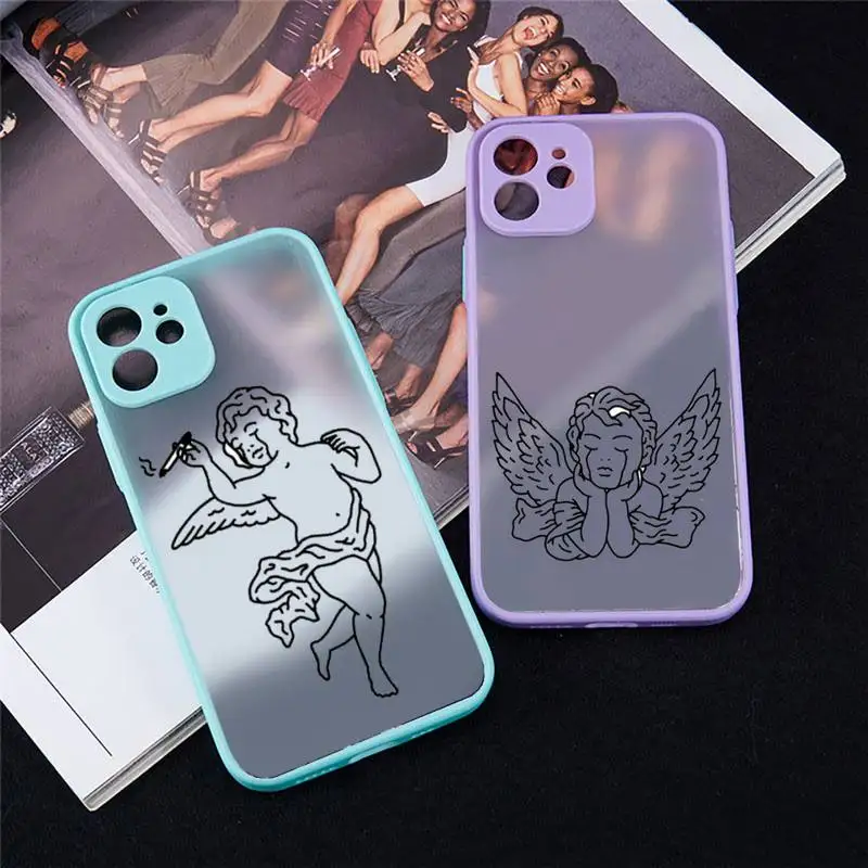 

Angel Cupid Simple lines Phone Case For iPhone 13 12 11 Mini Pro XR XS Max 7 8 Plus X Matte transparent blue Back Cover