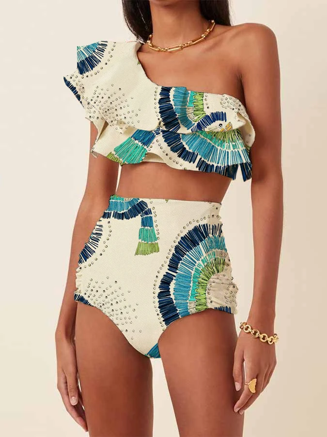 

One-Shoulder Embroidered Printed Ruffled Swimsuit