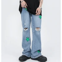 2022 new fashion letter star embroidery baggy men hip hop jeans pants ripped hole straight vintage denim trousers pantalon homme