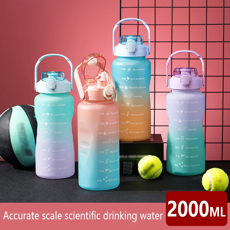 

2L Portable Water Bottle Straw Cup Large Capacity Plastic Water Cup Time Scale Frosted Outdoor Sports Couple Cup Water Bottles