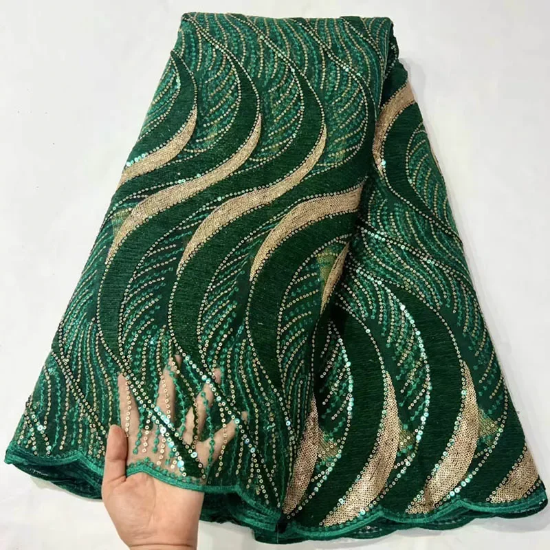 

2022 High Quality Nigerian Lace Fabric Embroidery French Big Stones African Lace Fabric Weaving Design Green Sequins Lace Fabric
