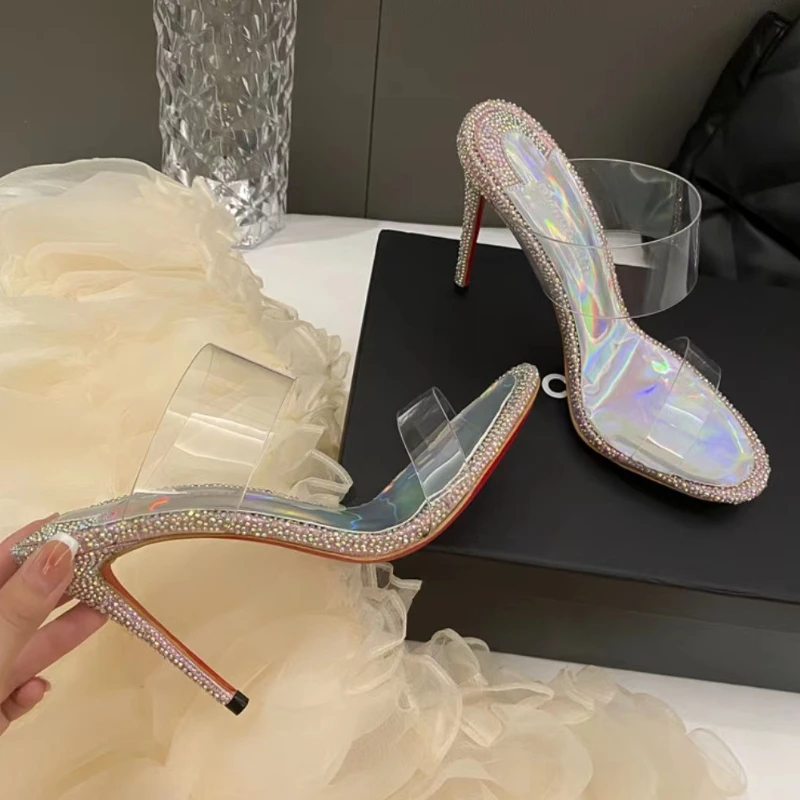 

2023 Summer New Transparent Straight Stripe High Heel Shoes for Women with Thin Heel Rhinestone Slippers for Women