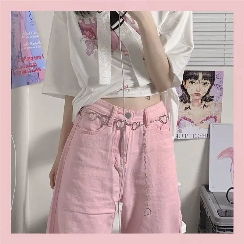 

Джинсы женские розовые мешковатые с широкими штанинами, джинсовые брюки с заниженной талией, с сердечком и цепочкой, в Корейском стиле, улич...