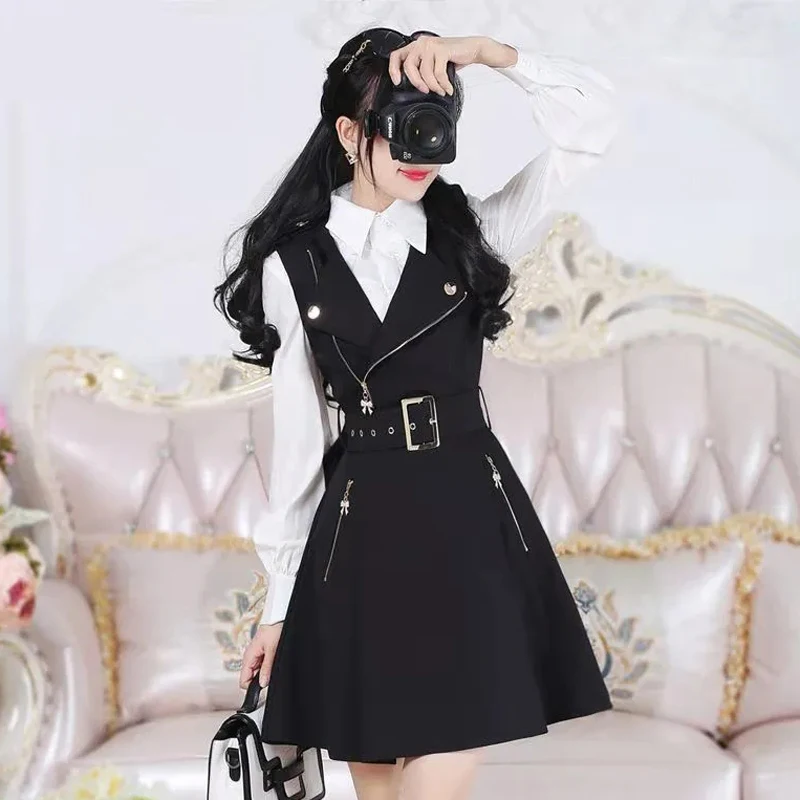 

Autumn Design Dress Women V Neck Belt Casual Lady Dress Sleeveless Korean Fashion Black Dress Office Style Clothes New