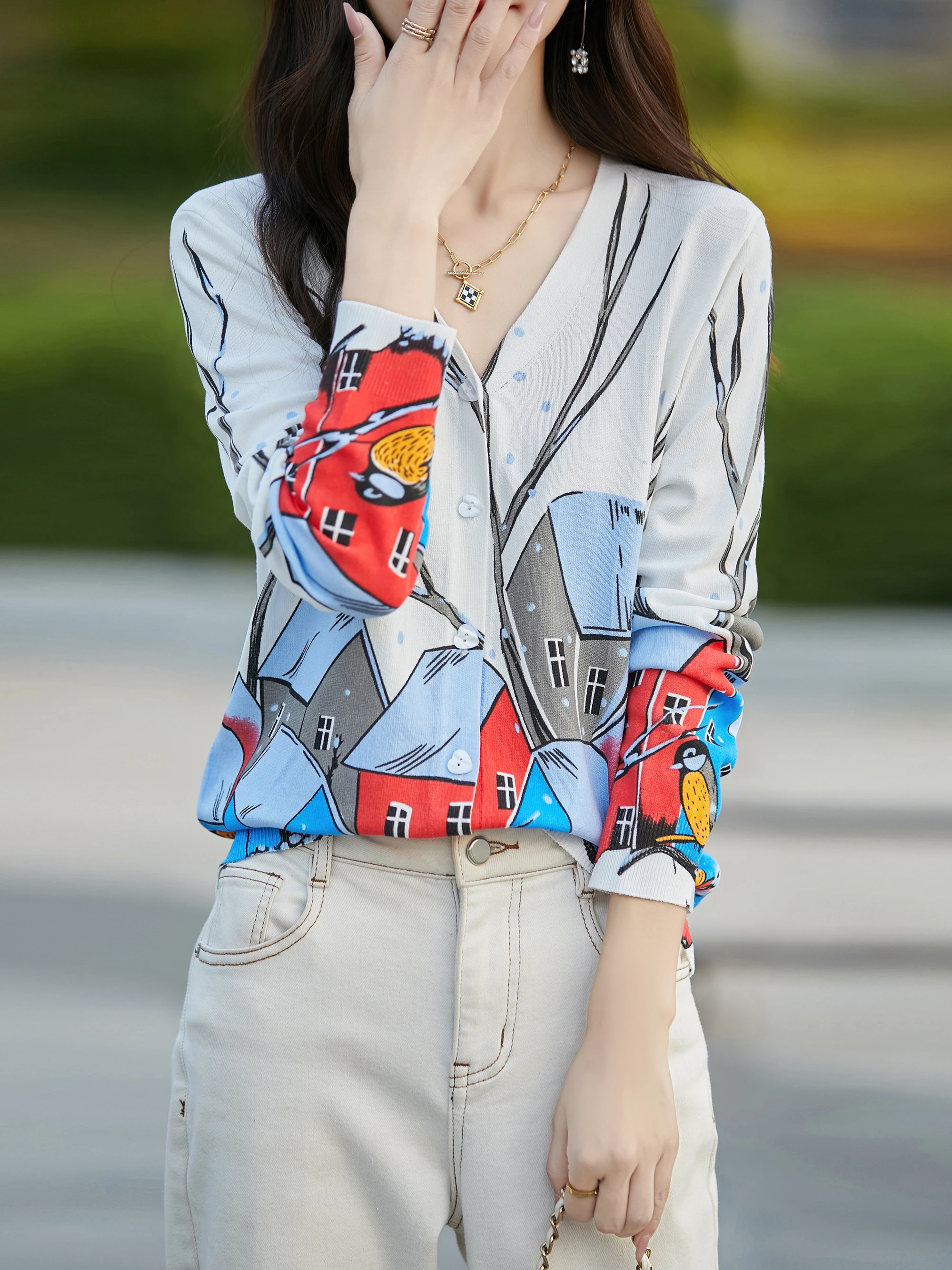 Женский трикотажный кардиган с длинным рукавом и V-образным вырезом