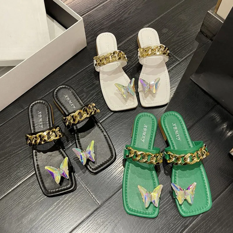 

2022 Women Summer Shoes Low Heel Chain Fashion Lazy Sandals Casual Versatile Outer Wear Slippers Flip-Flops Designer Slides