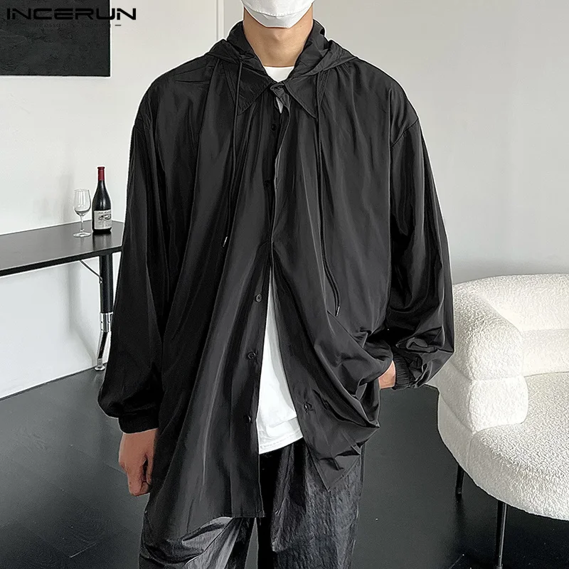 

INCERUN Tops 2023 Korean Style Handsome New Mens All-match Hooded Design Shirts Casual Solid All-match Long Sleeved Blouse S-5XL