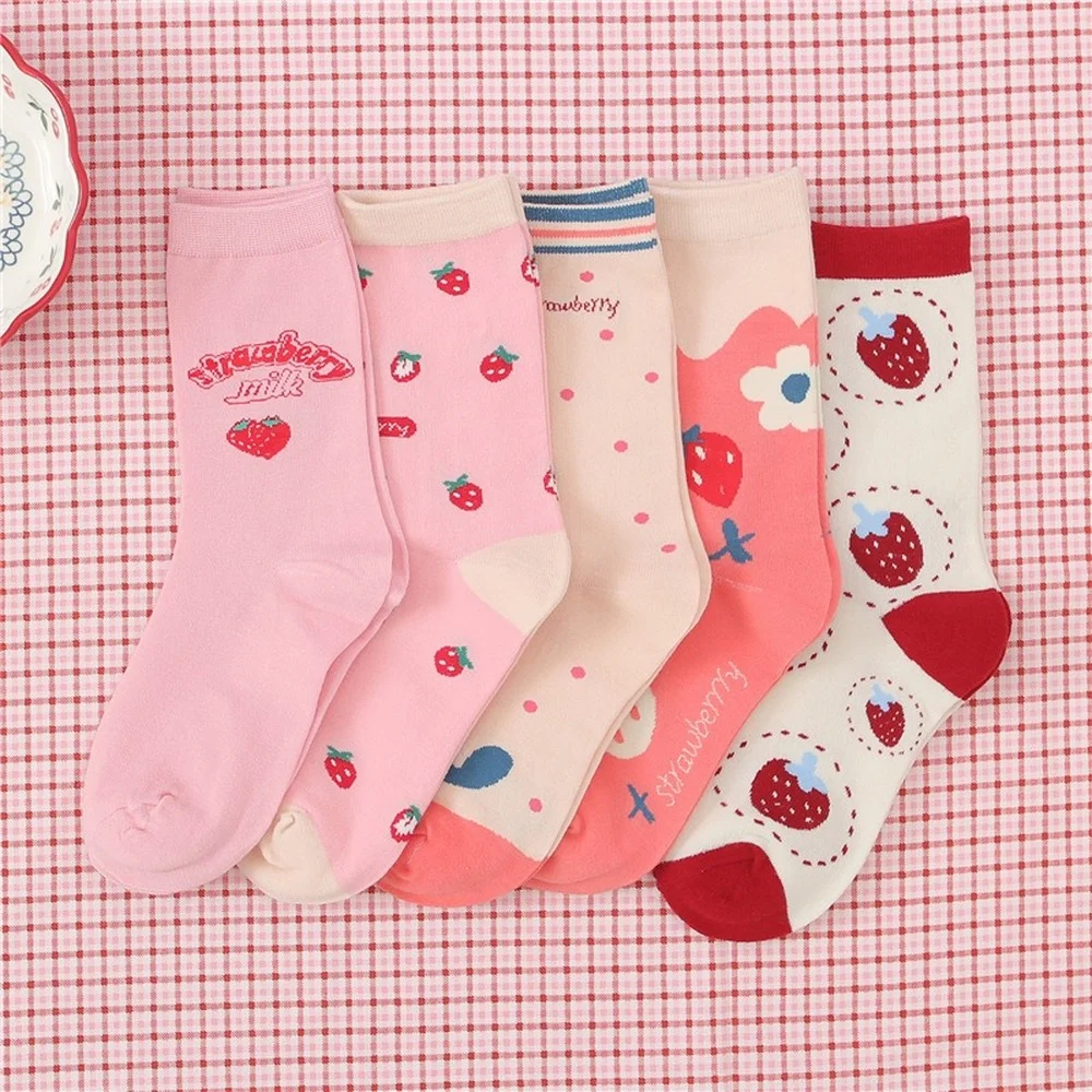 5 Pairs Fashion Cute Pink Strawberry Medium Tube Women Socks kawaii harajuku Cotton College Style Casual Cartoon Socks